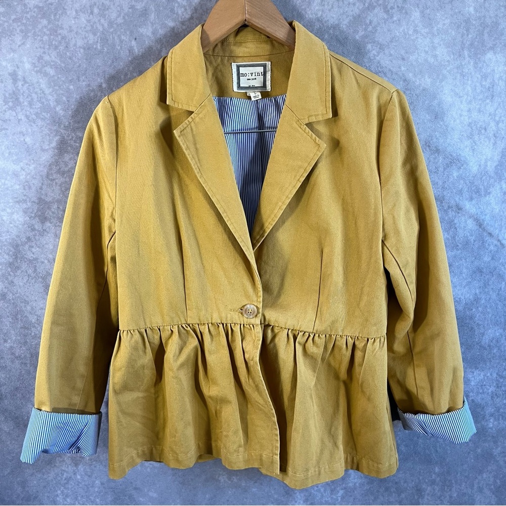 Anthropologie Jacket Women Small Mustard Gold Peplum Blue Contrast Cuffs Mo Vint